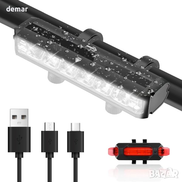 Комплект предни фарове и задни светлини за велосипед  водоустойчиви мощни LED USB акумулаторни, снимка 1
