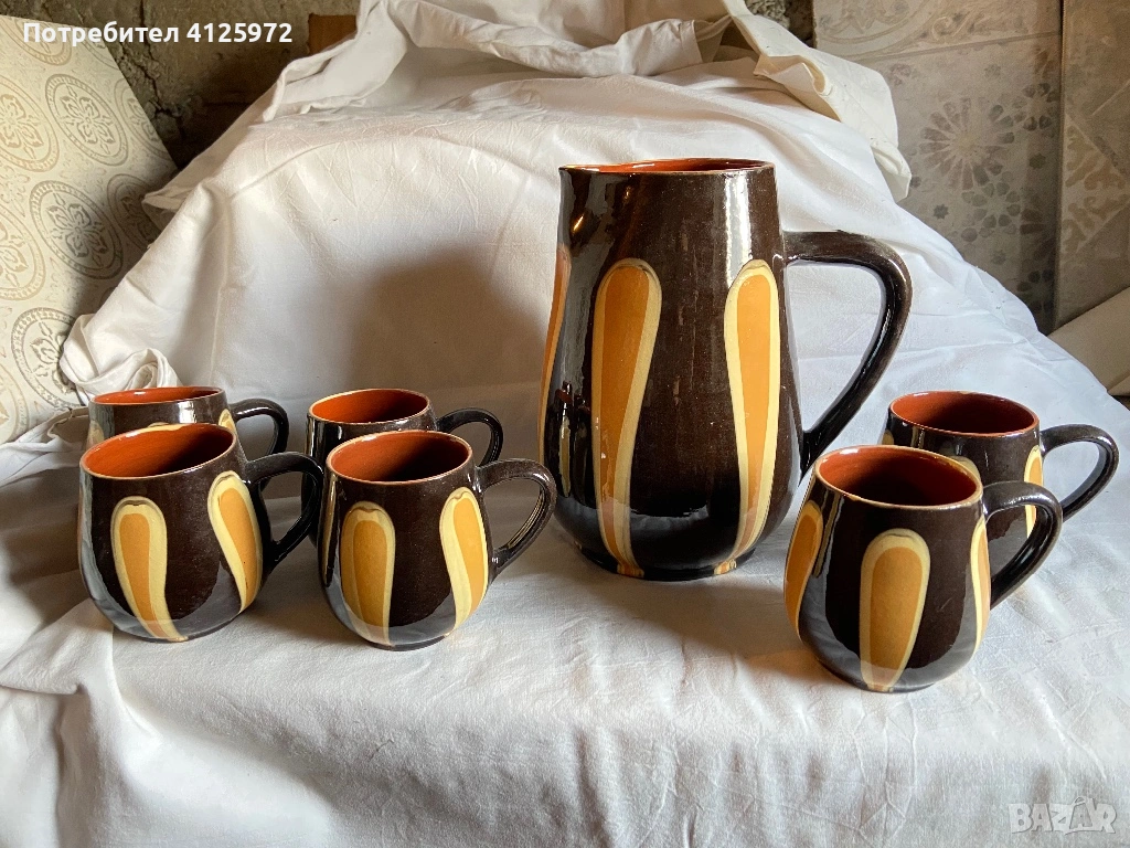 Глинен соц керамичен сервиз за вино - кана и 6 броя чаши с дръжки, снимка 1