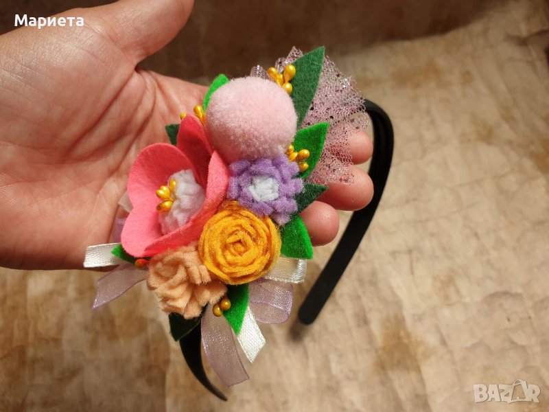 Диадема с цветя Ръчна изработка Аксесоар за коса Цветя от Филц Розова Жълта  диадема , снимка 1