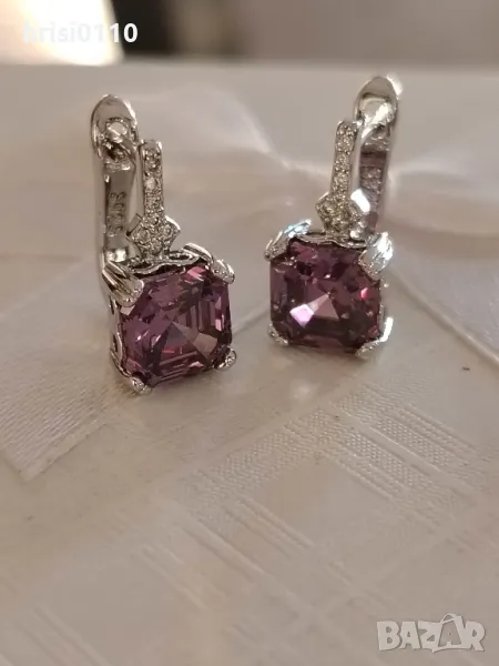 Нови нежни сребърни обеци с аметист и нежни кубични цирконий , снимка 1