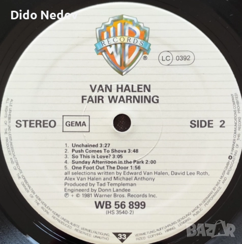 Грамофонна Плоча (Van Halen - Fair Warning), снимка 3 - Грамофонни плочи - 51893114