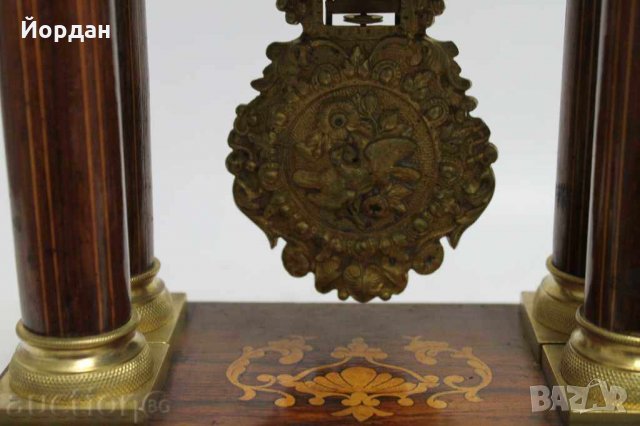 Френски каминен портален часовник, дърво с интарзия, снимка 2 - Антикварни и старинни предмети - 29378635
