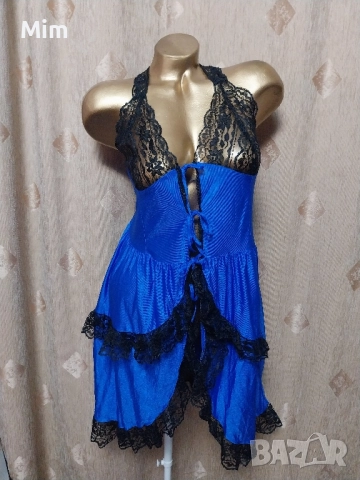 XL Нощница/ халат / в турско синьо с черна дантела , снимка 2 - Нощници - 51674029