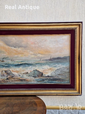 Маринизъм авторска масло платно картина голяма , снимка 4 - Антикварни и старинни предмети - 51179438