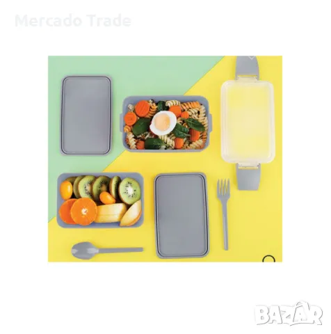 Термокутия за храна Mercado Trade, С прибори, Сиво - Синьо, снимка 3 - Кутии за храна - 48985374