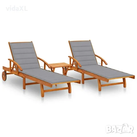 vidaXL Шезлонги, 2 бр, с маса и възглавници, акациево дърво масив(SKU: 3077346)