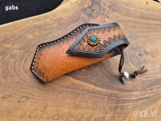 Уникален сгъваем нож дамаска стомана с кожена кания, снимка 6 - Ножове - 52325439