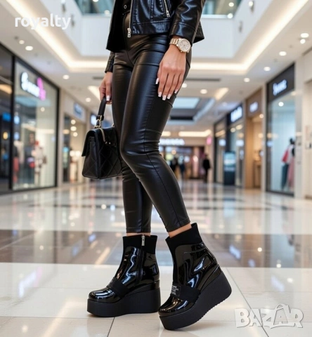 Боти на платформа - черен лак, снимка 3 - Дамски боти - 54159262