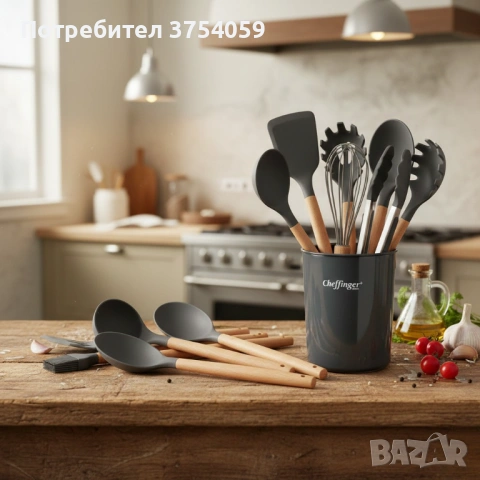 Комплект 12 части кухненски прибори със стойка Cheffinger – силиконови накрайници, дървени дръжки