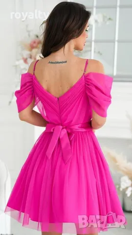 Дамска официална цикламова рокля с паднали рамена, снимка 2 - Рокли - 50113322