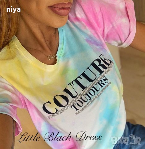 Цветна тениска със надпис Couture Toujours и камъчета, снимка 2 - Тениски - 29230948