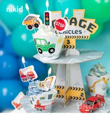 5 бр свещи свещ кран багер превозни средства пътни знаци торта Рожден ден детско парти топери топер, снимка 2 - Други - 47533993