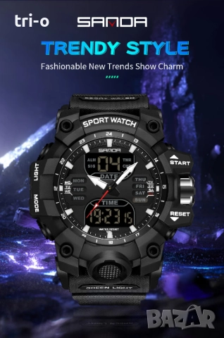 SANDA Луксозен мъжки електронен часовник, спортен, LED, аналогов, дигитален, хронограф, военен, двое, снимка 8 - Мъжки - 52020087