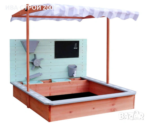 Детски дървен пясъчник с навес 120×120 см | Пейки и аксесоари | PraktiHome, снимка 3 - Игри и пъзели - 54237216