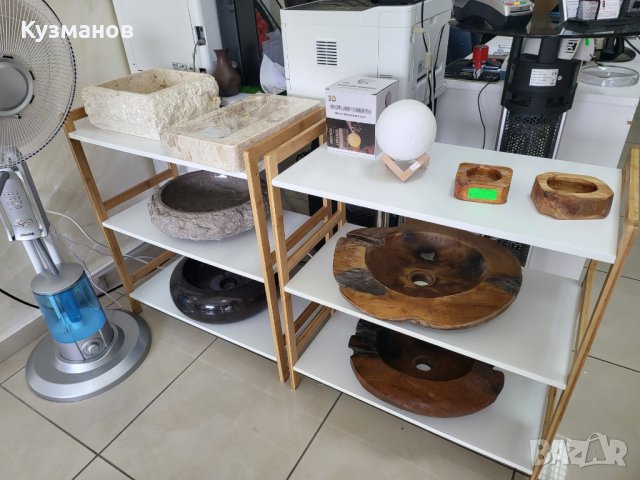 Купа мивка от тиково дърво и мивки от камък