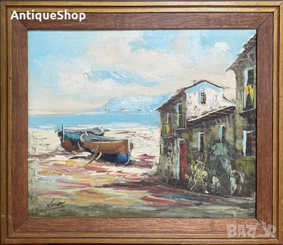 Картина, масло, платно, рибарска, лодка, Lucas, оригинал, пейзаж, подписана