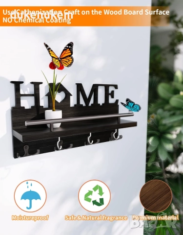 Дървена кутия за ключове за стена с 11 куки и рафт, бяла или черна, снимка 6 - Етажерки - 52277897