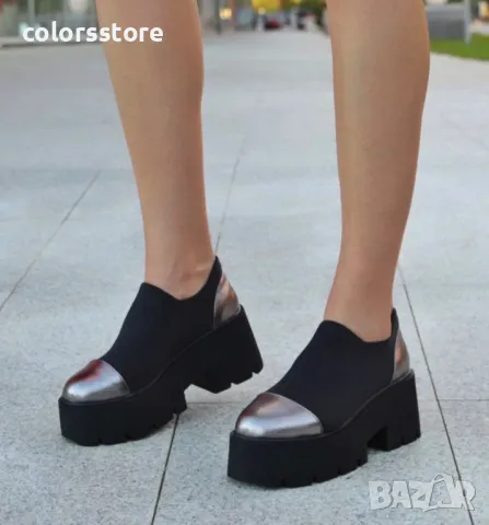 Обувки на платформа - черен неопрен и бронз - NPR22