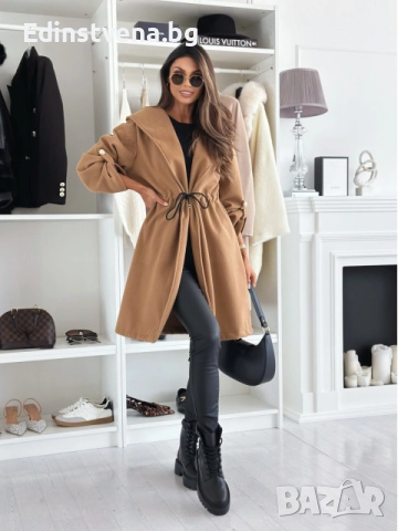 Дамско палто в цвят карамел с връзки на талията и качулка, снимка 2 - Палта, манта - 51456621