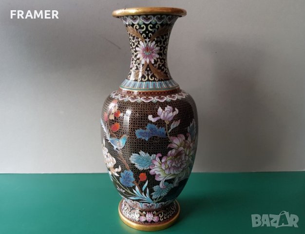 Прекрасна 19ти век Китайска Емайл Клазоне бронзова ваза, снимка 1 - Вази - 31459982