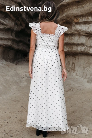 Дамска дълга рокля в бяло с принт на точки, снимка 2 - Рокли - 53124111