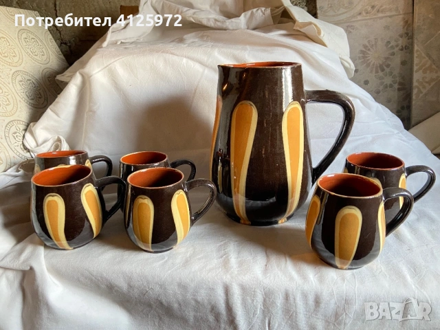 Глинен соц керамичен сервиз за вино - кана и 6 броя чаши с дръжки