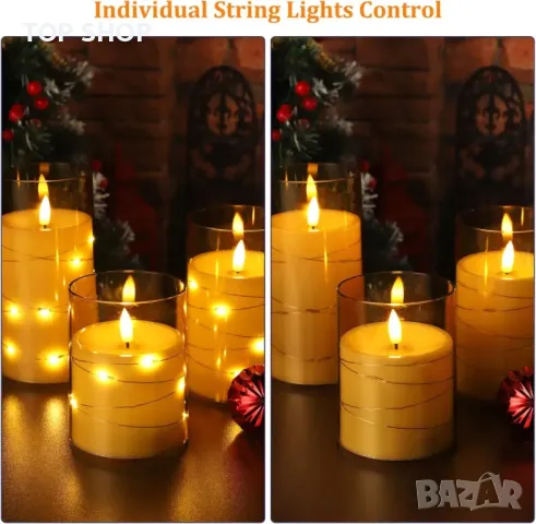 Glowtink 3 бр.LED свещи акумулаторни безпламъчни, дистанционен таймер, мигащи, декор, 4" 5" 6",жълти, снимка 6 - Декорация за дома - 49551769