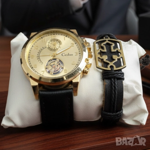 Елегантен мъжки комплект – часовник с черна каишка и гривна с метален щит, снимка 5 - Други - 51947391