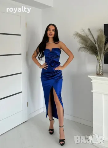 Официална сатенена рокля с роза в кралско синьо Два цвята , снимка 4 - Рокли - 49842447