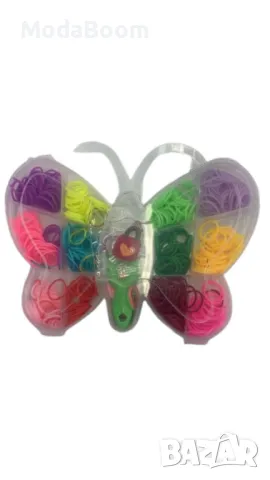 Комплект ластички за плетене на гривни - В кутия с формата на пеперуда 600 броя, снимка 3 - Гривни - 48370251