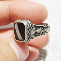 стар красив  мъжки сребърен пръстен, османски пръстен с голям  камък и  тугра,тура,  турски пръстен , снимка 4 - Пръстени - 29873667