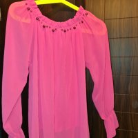 Розова блузка с паднало рамо, снимка 2 - Блузи с дълъг ръкав и пуловери - 40157691