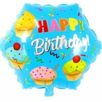 happy birthday кексчета мъфини шестоъгълен син фолио фолиев балон хелий въздух парти, снимка 1 - Други - 29825210