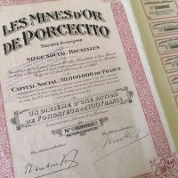 Акция от Белгия | Les Mines d'OR de Porcecito | 1928г., снимка 1 - Нумизматика и бонистика - 31269430
