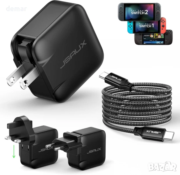 JSAUX 65W USB C зарядно за Nintendo Switch 2, ROG Ally, Steam Deck, таблети, лаптопи, 2 метра кабел, снимка 1