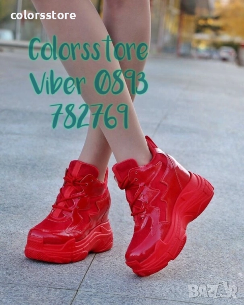 Кецове на платформа - червен лак и велур - PJN90, снимка 1