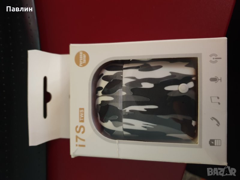 Безжични слушалки със зареждащ кейс V4.2+DER- i7 TWS Camouflage, бяло-черно-сиво, снимка 1
