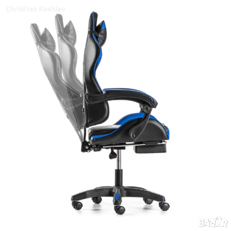 Геймърски стол с поставка за крака - подходящ за деца и тинейджъри- черно-син, въртящ, с масажна фун, снимка 1
