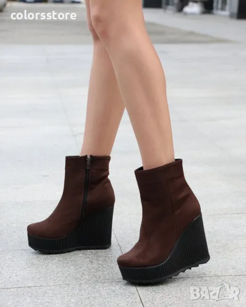 Боти на платформа - кафяв велур с черно ходило - BNP1, снимка 1