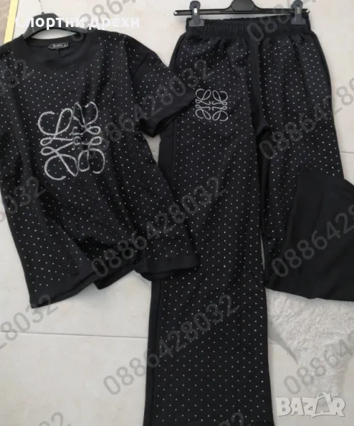 Дамски спортно-елегантен комплект в бяло и в черно с камъчета отпред,лукс модел, снимка 1