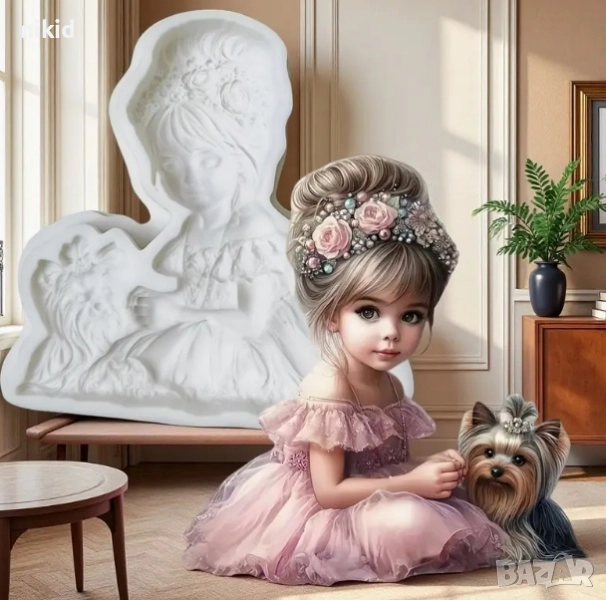Момиче момиченце с куче Йорки в красива рокля силиконов молд форма фондан декор, снимка 1