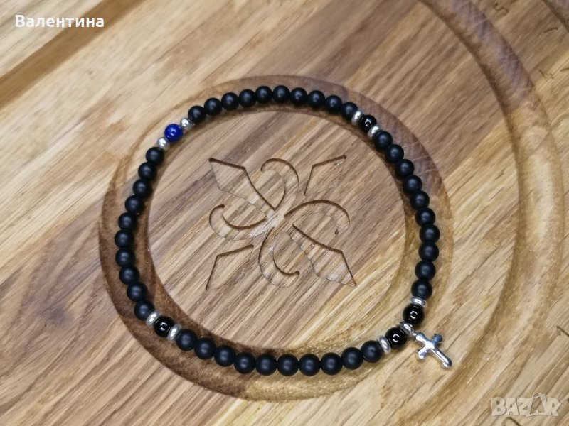 Мъжка/дамска гривна естествени камъни оникс, лапис лазули и сребърен кръст, снимка 1