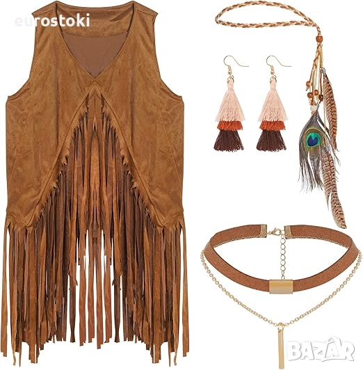 Fumwase  Хипи костюм от 4 части с тема 60-те и 70-те години, жилетка с ресни, лента за глава с пера, снимка 1