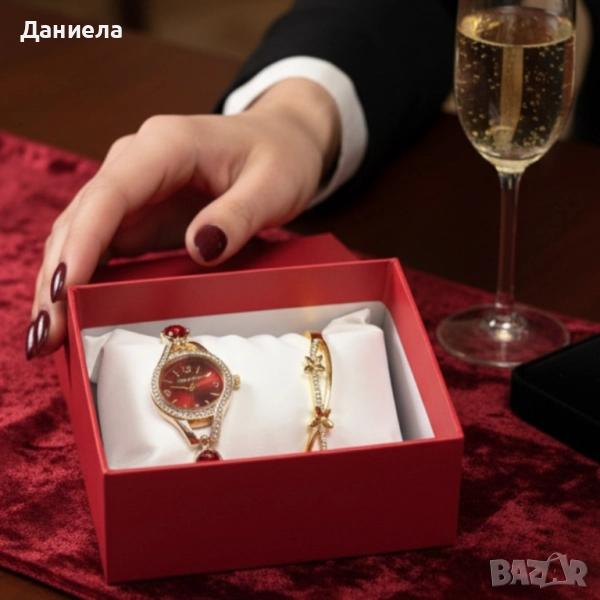 Луксозен дамски сет: часовник с кристали + гривна – в подаръчна опаковка, снимка 1