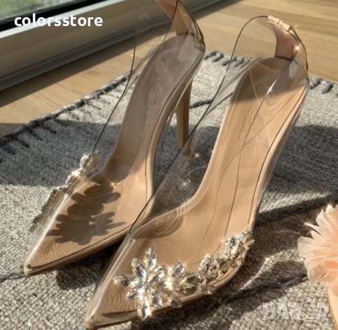 Обувки на ток - прозрачен силикон с бежов акцент - S90