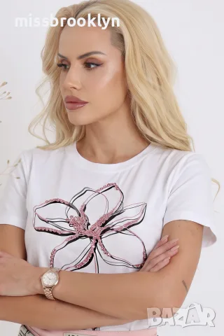 Блуза “Miss Kiss Pink Bloom” – бяла блуза с розова апликация арт.5092, снимка 2 - Блузи с дълъг ръкав и пуловери - 55821263