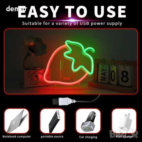 WIOSOUL LED Неонова табела с форма на ягода, 18,5x25 см, батерии или USB, снимка 4 - Лед осветление - 51189124