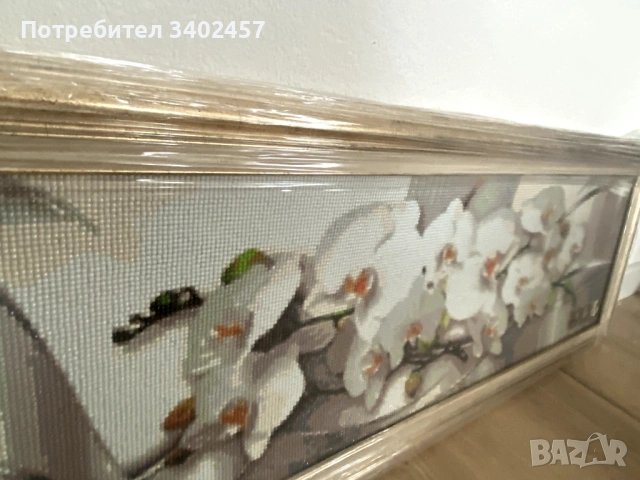 Гоблен с мъниста в рамка, 93 х 33 см, орхидеи, снимка 2 - Гоблени - 53223284