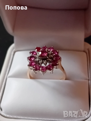 Винтидж златен пръстен с диаманти и рубини ръчна изработка 