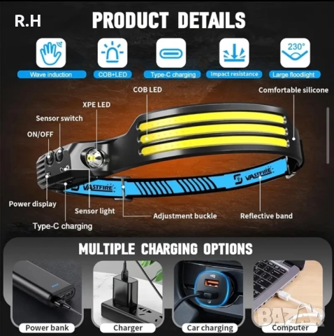 LED челник със сензор за движение и фенерче